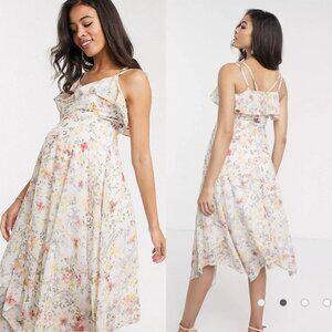 Hope & Ivy Maternity White Floral Printed Asymmetrical Hem Midi Dress